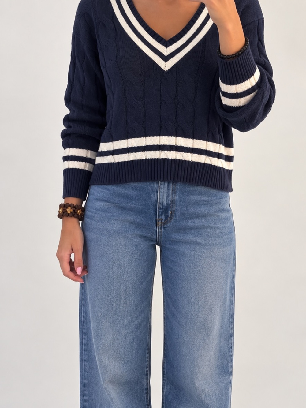 Jessica Simpson Navy Blue V-Neck Sweater with White Stripes